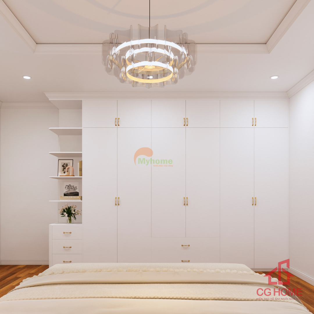 Hệ tủ quần áo kịch trần màu trắng giúp tăng không gian lưu trữ