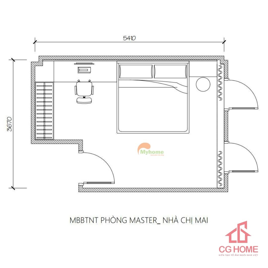 Mặt bằng bố trí nội thất phòng ngủ master.