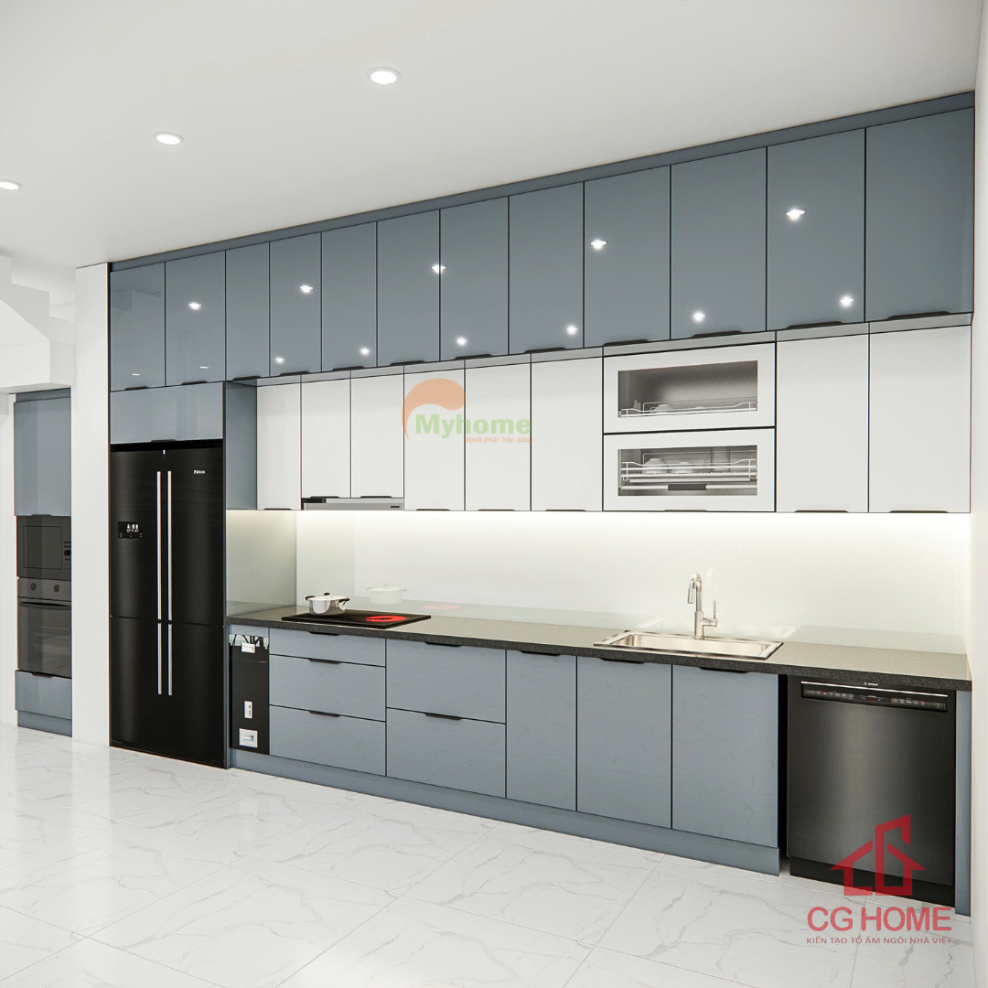 Tủ bếp cánh kính bóng gương giúp căn bếp rộng thoáng và sang trọng hơn